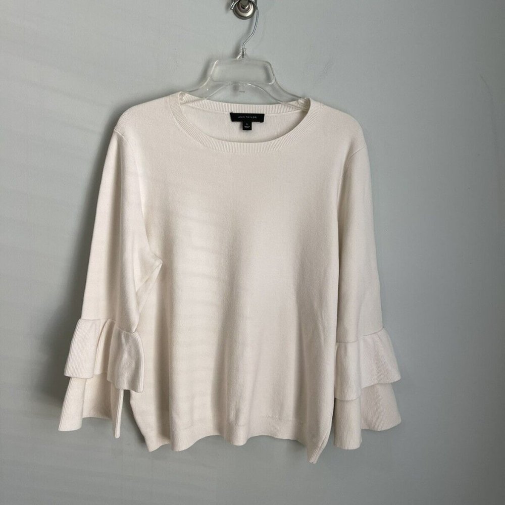 Ann Taylor Ivory Knit Ruffle Sleeve Pullover Sweater